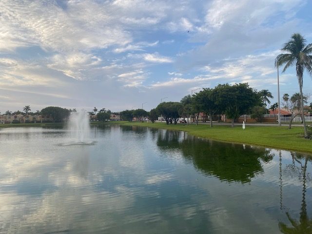 Un lago comunitario con una fuente en Coral Lakes